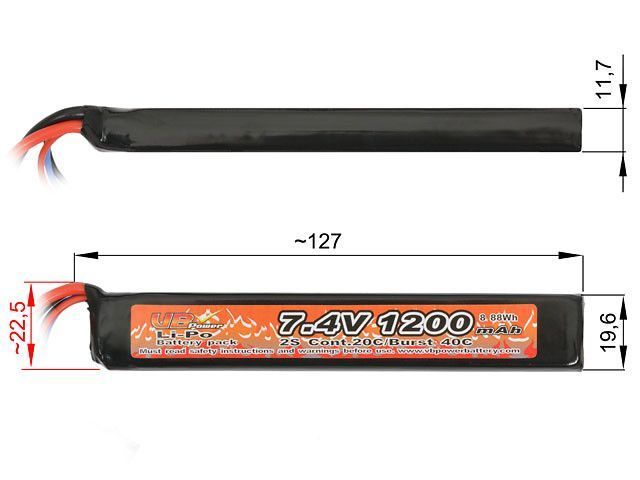 Аккумулятор Li-Po 1200mAh 7,4V 20/40C - T-CONNECTOR [Victory Battery] (для страйкбола) VL201274TC фото